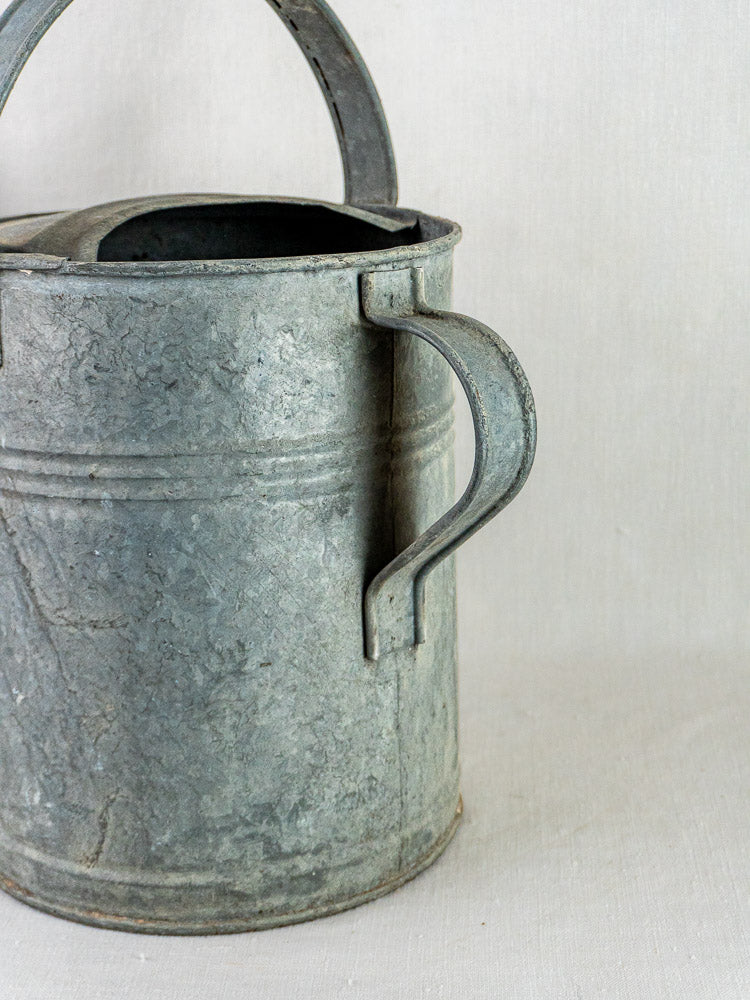 French galvanized zinc long-spout watering can with curved handle on a light background.