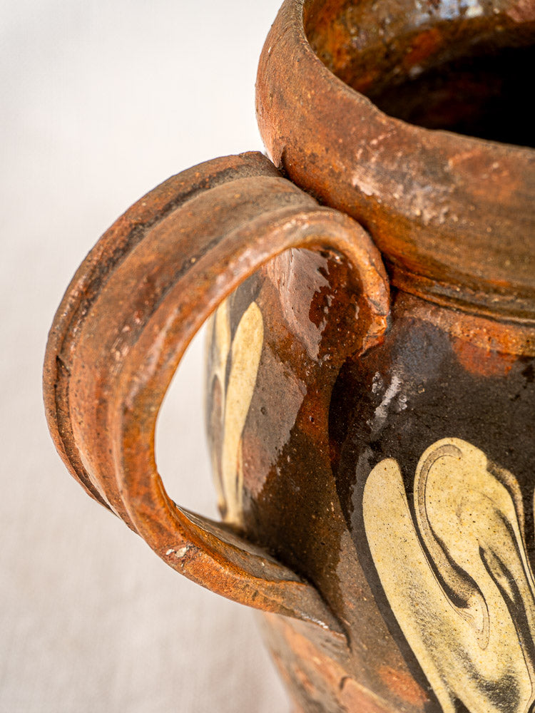 Antique French Pichet Jaspé, rustic brown ceramic jug with cream patterns, Savoie slipware.