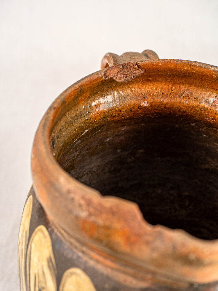 Antique French Pichet Jaspé Savoie slipware pot rim, rustic brown ceramic, jaspé patterned exterior, visible wear.