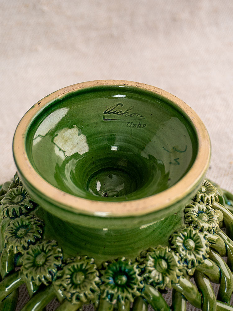 Vintage French Pichon Uzès woven basket with glossy green glaze, mid-20th century craftsmanship.