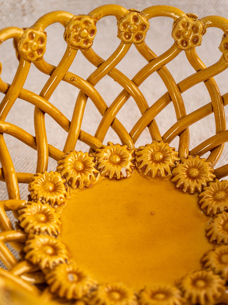 Provence Yellow Pichon Uzès ceramic bowl with golden glazed lattice rim and embossed sunflower, berry motifs.