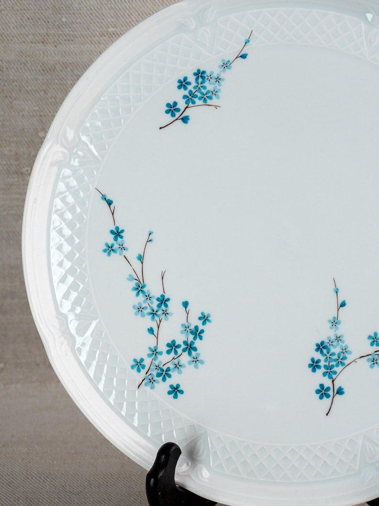 Berry Limoges vintage French cake plate, white porcelain with raised border and blue floral branches on neutral backdrop.