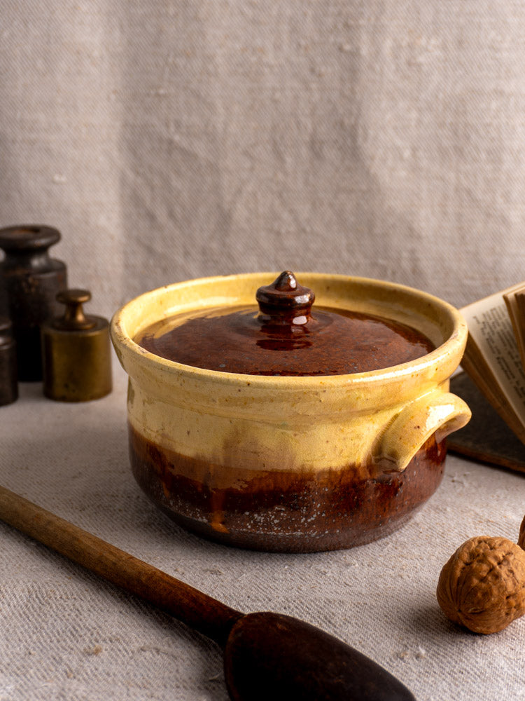 Antique French marmite in yellow ochre and brown earthenware displayed with walnuts and vintage kitchen accents.