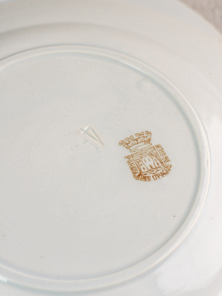 Antique French Gien porcelain plate underside with crown mark, “Porcelaine Opaque de Gien,” and triangle.