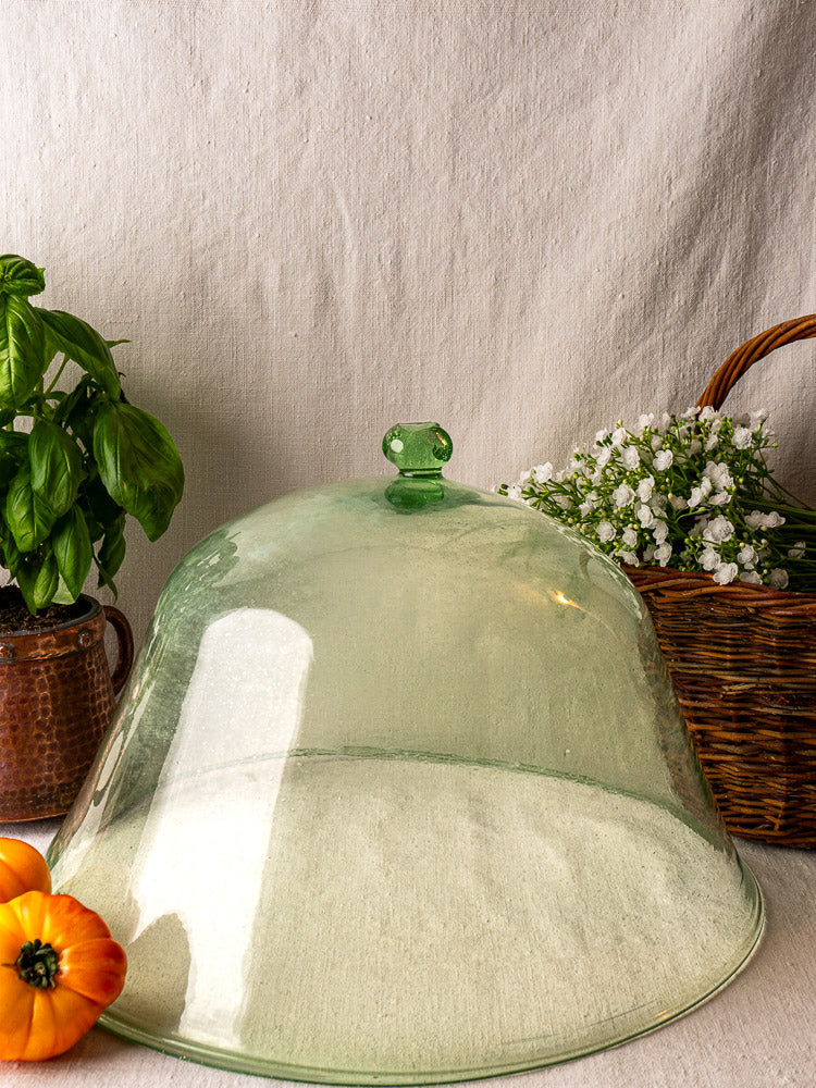 Antique French glass garden cloche, hand-blown pale green with round handle, on light beige fabric background.