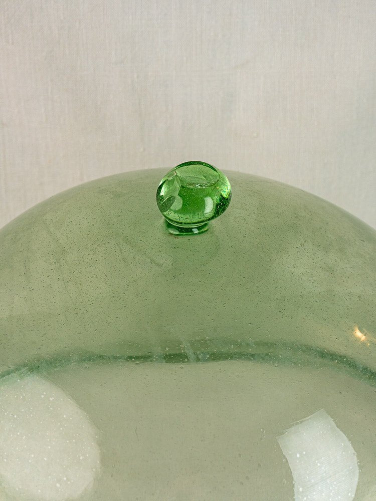 Antique French hand-blown glass garden cloche, pale green with round knob and speckled surface, on neutral background.