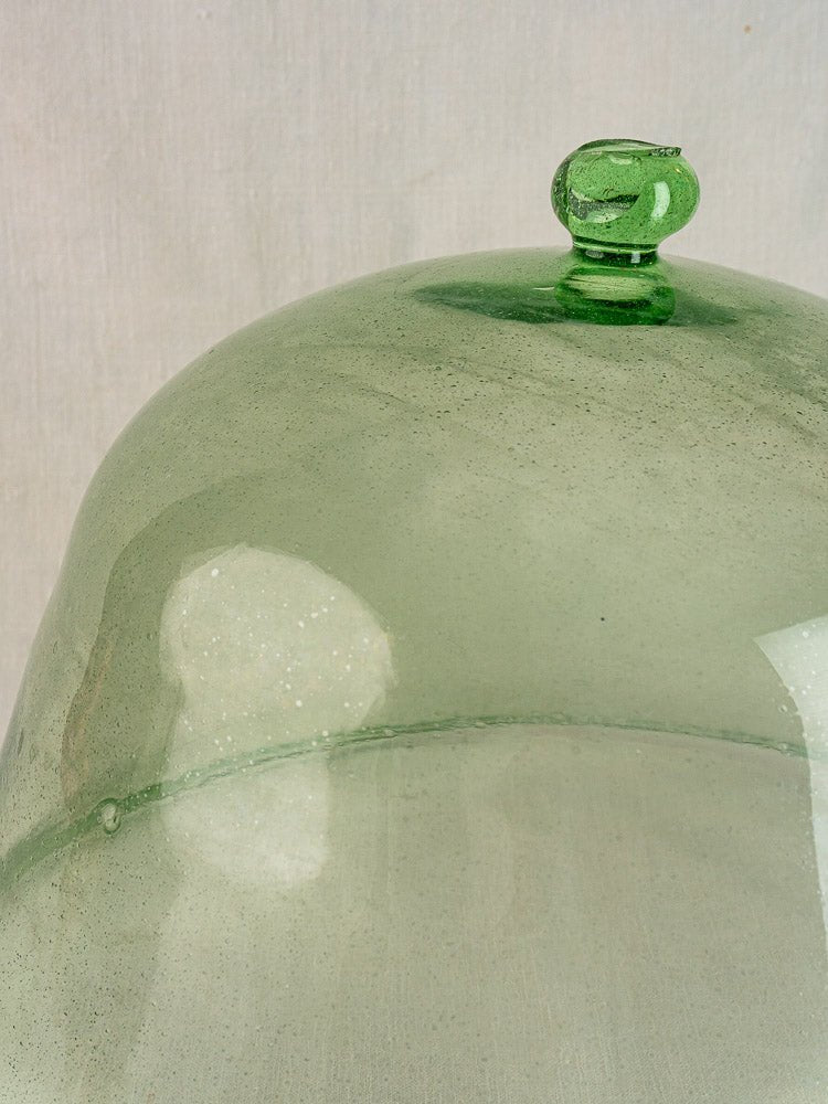 Antique French glass garden cloche, hand-blown pale green glass with round handle, on a light neutral background.