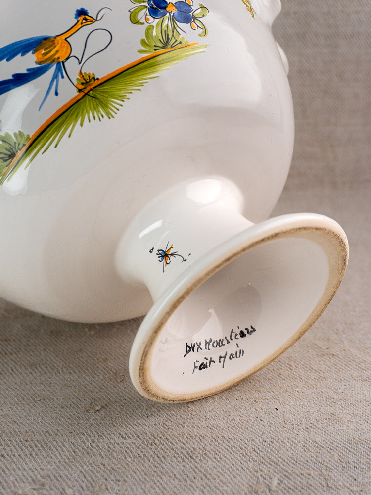 Vintage French Moustiers-style faience compote with hand-painted birds, florals, handwritten markings, and insect detail.