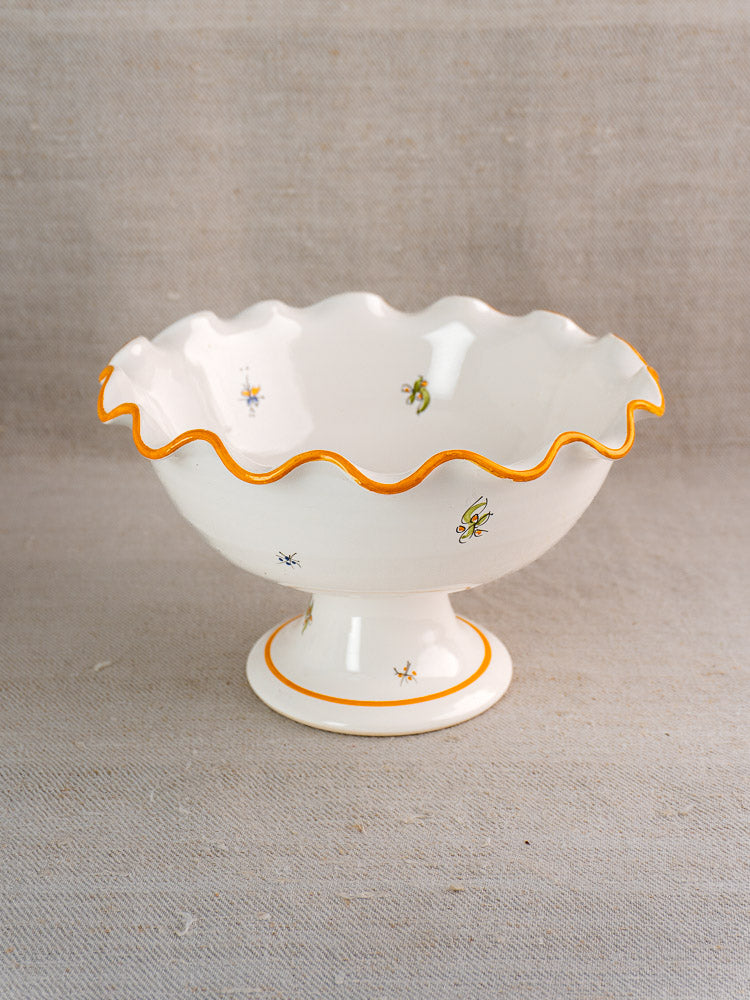 Pair of vintage French Moustiers-style compotes with hand-painted floral motifs on scalloped ceramic.