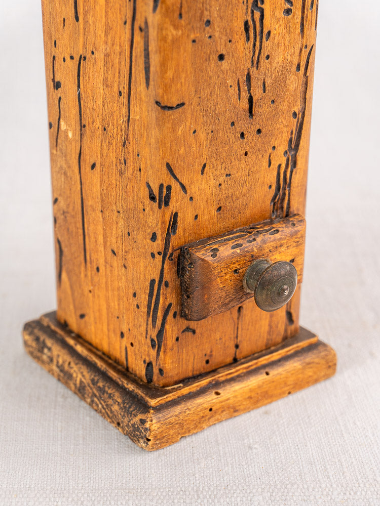Antique Italian pepper mill and salt set by Stefano Ugolini Firenze in distressed wood with metal knob, classic Italian style.