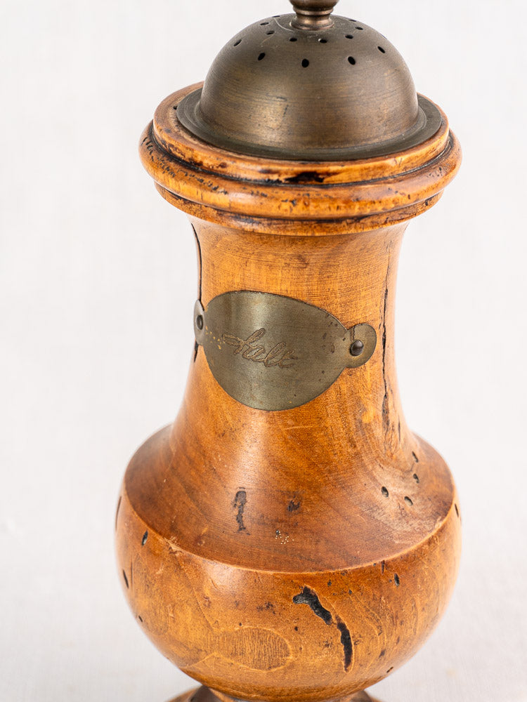 Antique Italian pepper mill and salt shaker set by Stefano Ugolini Firenze with wormwood and rustic brass details.