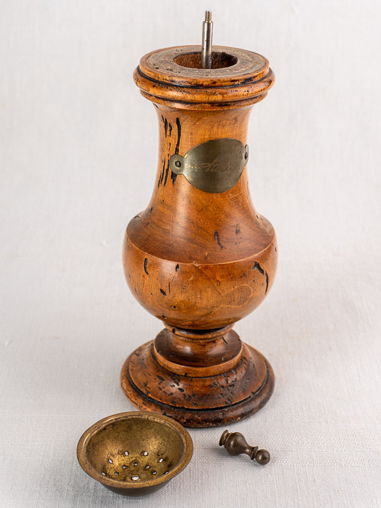 Antique Italian pepper mill and salt set by Stefano Ugolini Firenze with wormwood and brass, displayed on a light surface.