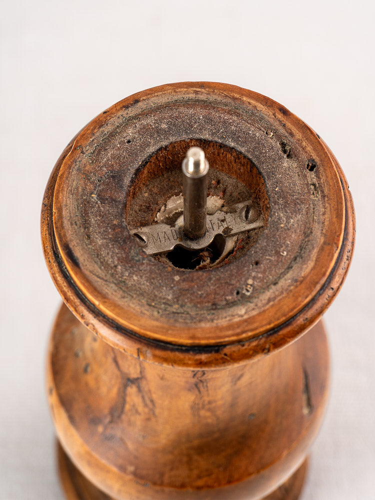 Antique Italian pepper mill and salt set by Stefano Ugolini Firenze in wormwood, aged wood, metal spindle, "Made in Italy" stamp.