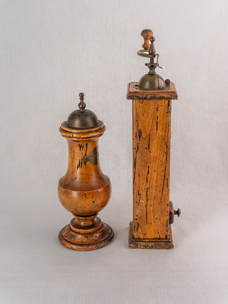 Antique Italian pepper mill and salt set by Stefano Ugolini Firenze, wormwood, vintage patina, elegant aged details.