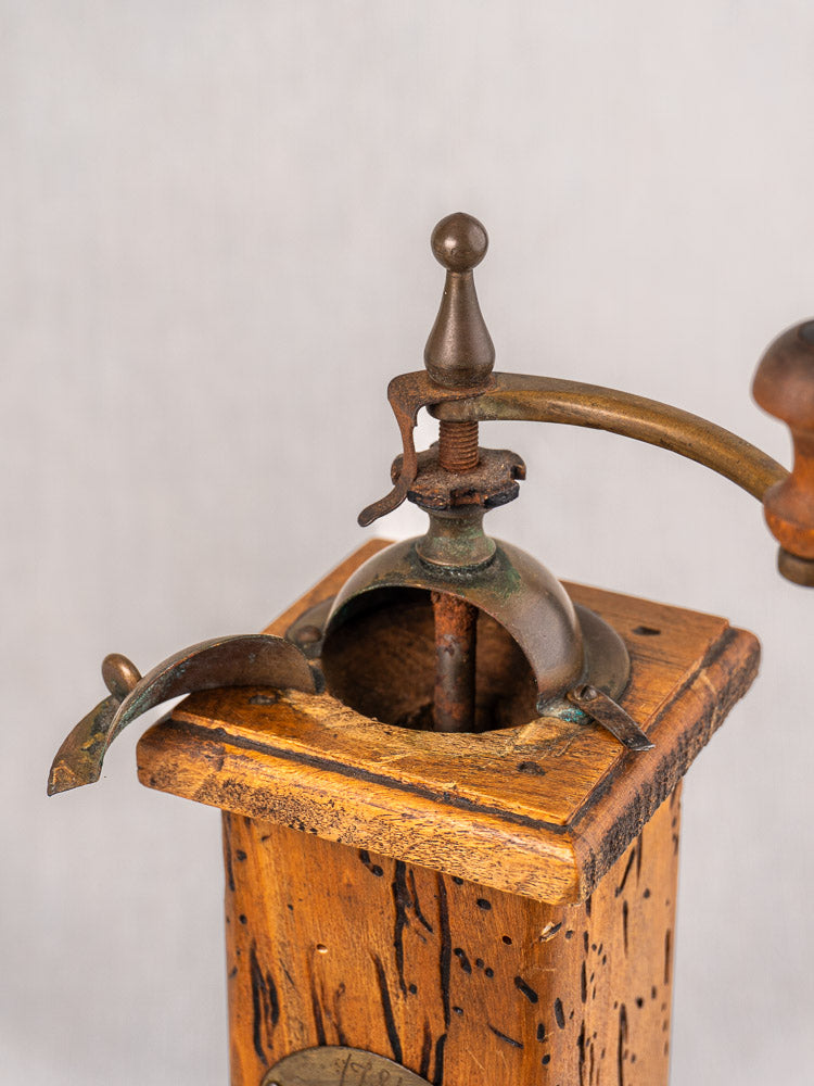 Antique Italian pepper mill and salt set by Stefano Ugolini Firenze, Wormwood model, with metal crank and aged wood accents.