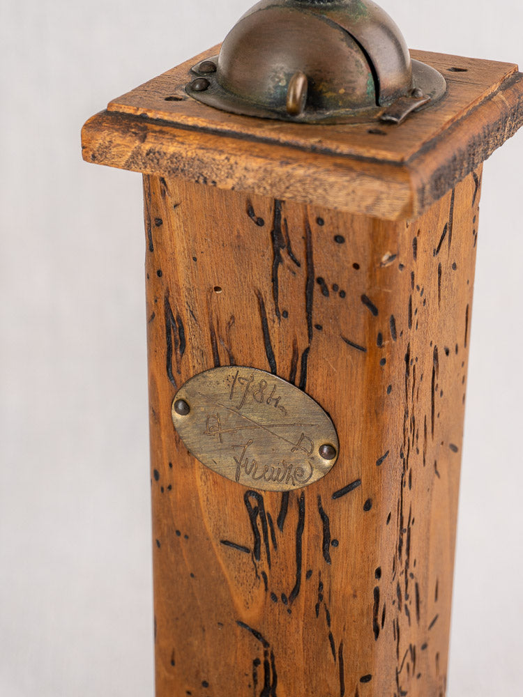 Antique Italian pepper mill and salt set by Stefano Ugolini Firenze, wormwood with metal dome and brass plaque marked “178th.”.