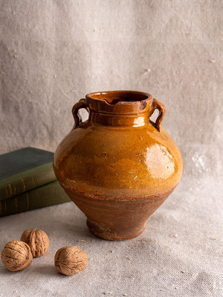 Antique French glazed earthenware olive oil jar with two handles, on textured cloth beside walnuts and closed books.