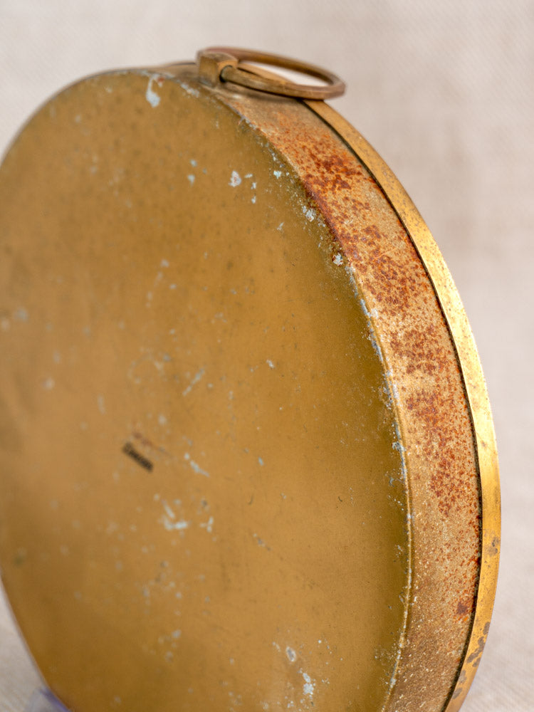Vintage French Lincoln gilt wall dial thermometer, round gold metal with scratches and rust, ring top.