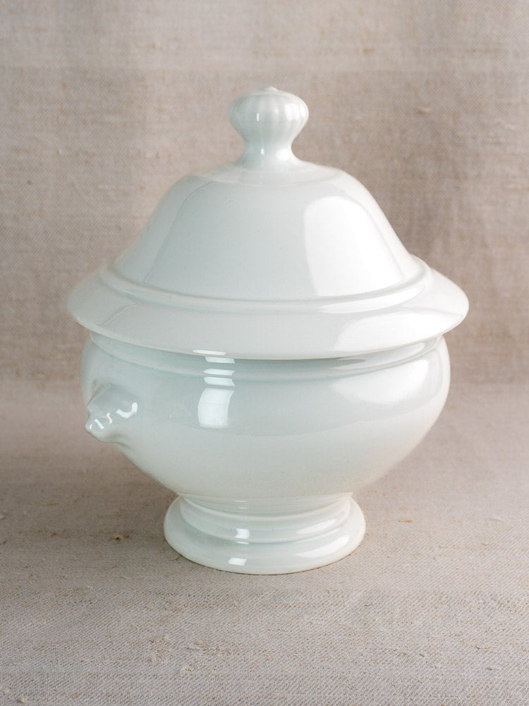 Vintage French porcelain soup tureen with lid and twelve lion head bowls on beige fabric.