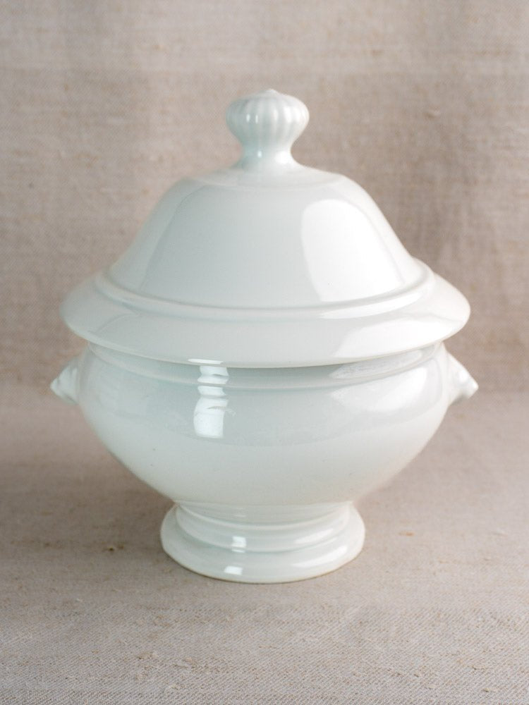White ceramic French soup tureen with lid and side handles, paired with twelve lion head bowls.