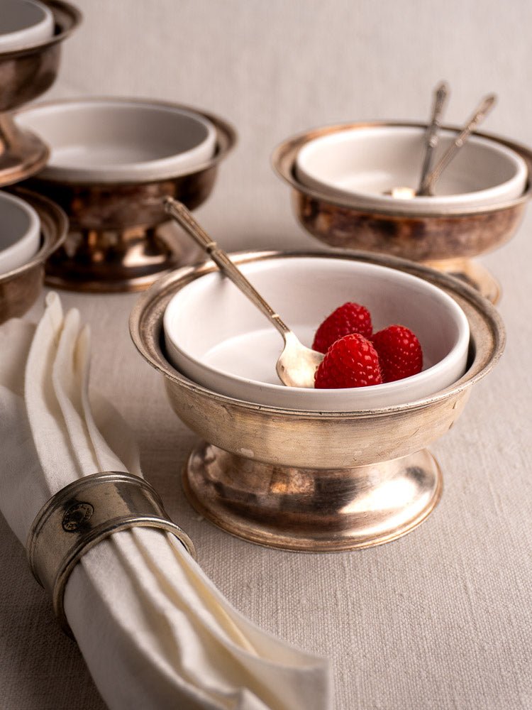 Set of six vintage Italian Sambonet silver plate coupes with white porcelain inserts, raspberries, and spoon.