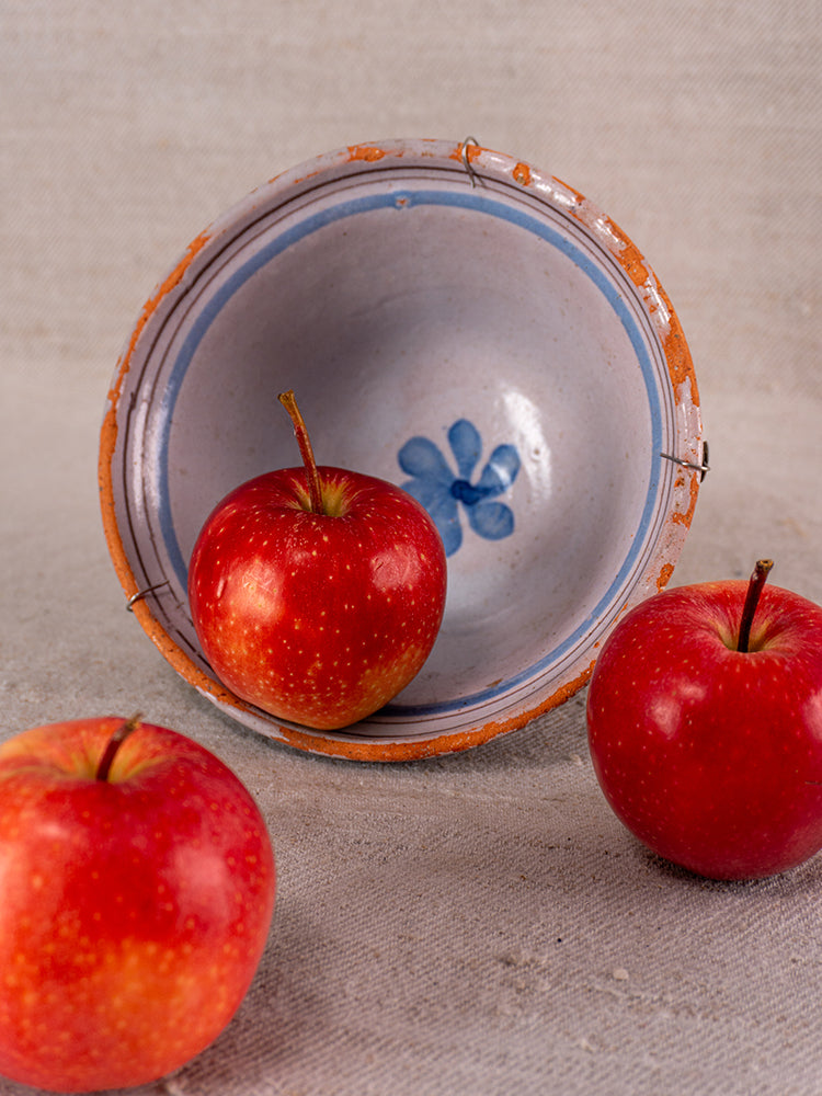 Antique French Cul Noir faience bowl with 19th century blue floral design and three red apples on neutral textured surface.