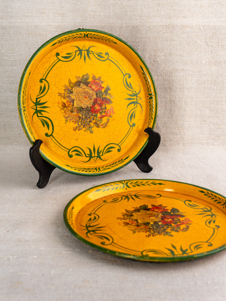 Pair of antique French painted tôle trays, yellow with green trim and hand-painted roses.