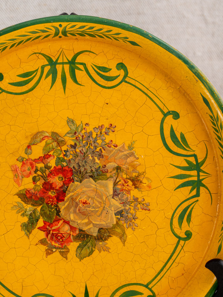 Antique French painted tôle tray, c.1900, yellow with green accents and florals, vintage patina.