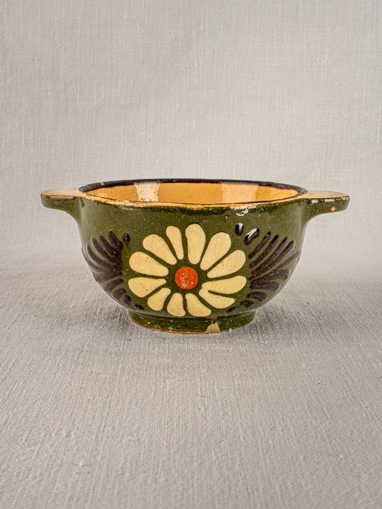Pair of vintage French Savoyard green glazed bowls with handles, hand-painted floral and leaf designs.