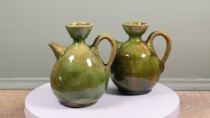 Antique French Green Glazed Pitcher Pair | Earthenware Oil & Vinegar Pichets