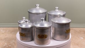 Antique French Aluminum Canister Set | Brass Labels | Art Deco 6 Piece Set