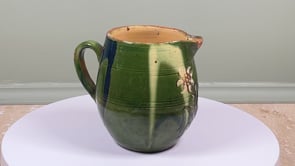 Antique French Jaspe Pottery Pitcher | Savoie Earthenware | Green Glaze with Flower