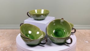 Vintage French Teacups | Dieulefit Green Glaze | Set of Six