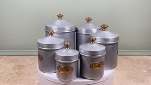 Vintage French Aluminum Canister Set | Hammered Pantry Jars with Brass Labels