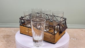 Vintage French Bistro Glass Caddy | Wrought Iron and Rattan | Six Fluted Tumblers