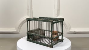 Antique French Green Painted Bird Cage | Small Wood and Wire Cage with Terracotta Cup