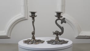French Dolphin Candlesticks | Antique Silvered Metal Pair