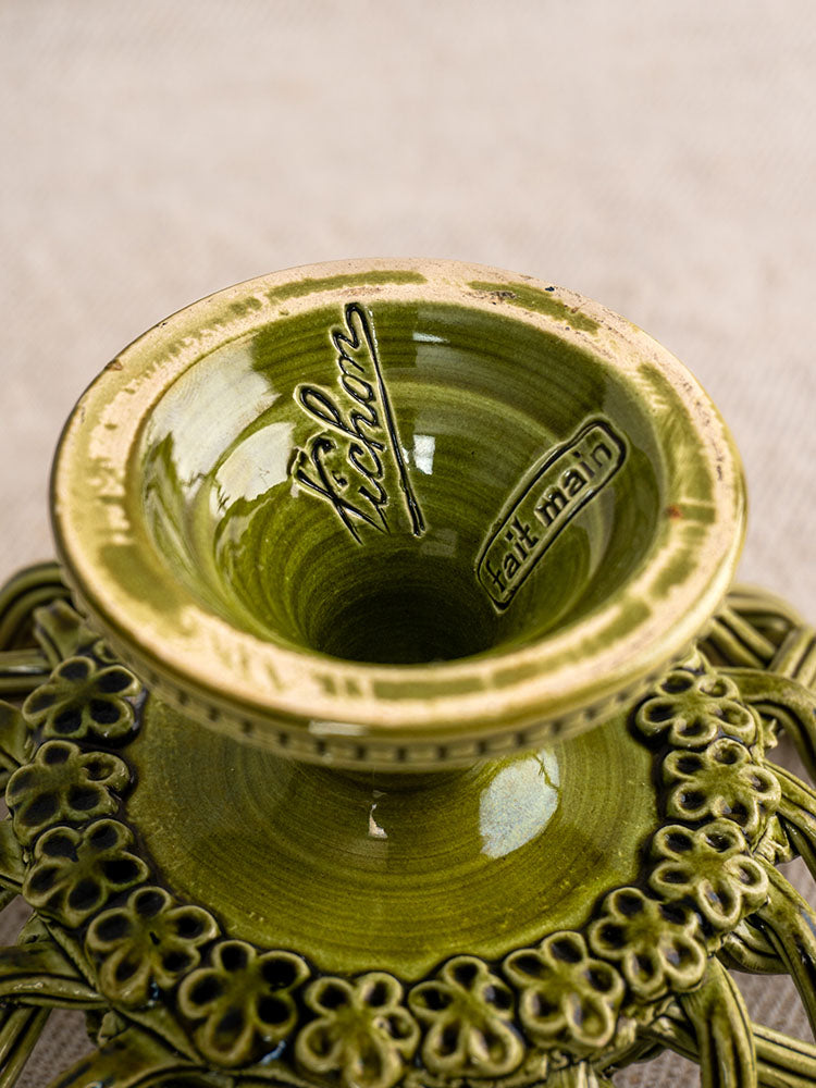 Antique French Pichon Uzès compote in olive green with glossy finish and detailed rim on ornate openwork pedestal base.
