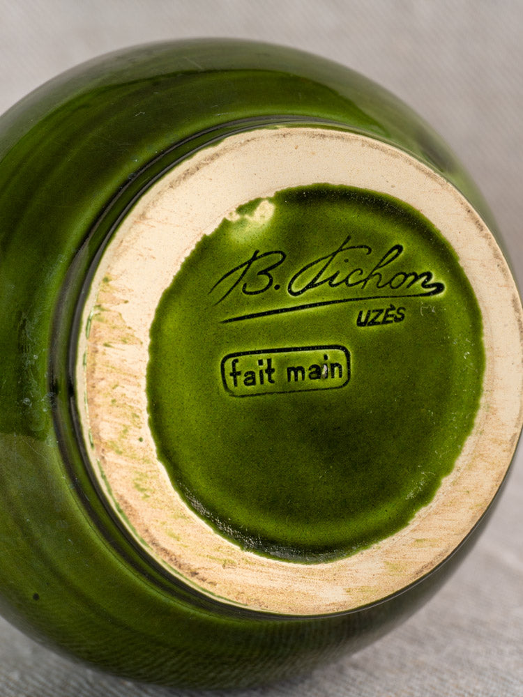 Vintage French Pichon Uzès green glazed earthenware vase base with "B. Dichon Uzès" and "fait main" markings.
