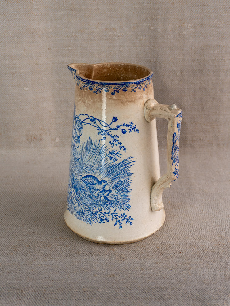 Antique French Fenal Frères ceramic pitcher, Pexonne Oiseaux blue bird motif, brown upper section.