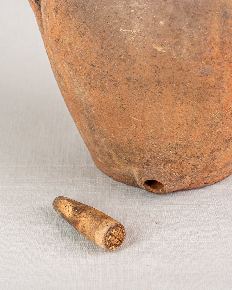 Antique French vinaigrier, brown glazed terracotta vinegar pot c. 1880–1900 with cork stopper.