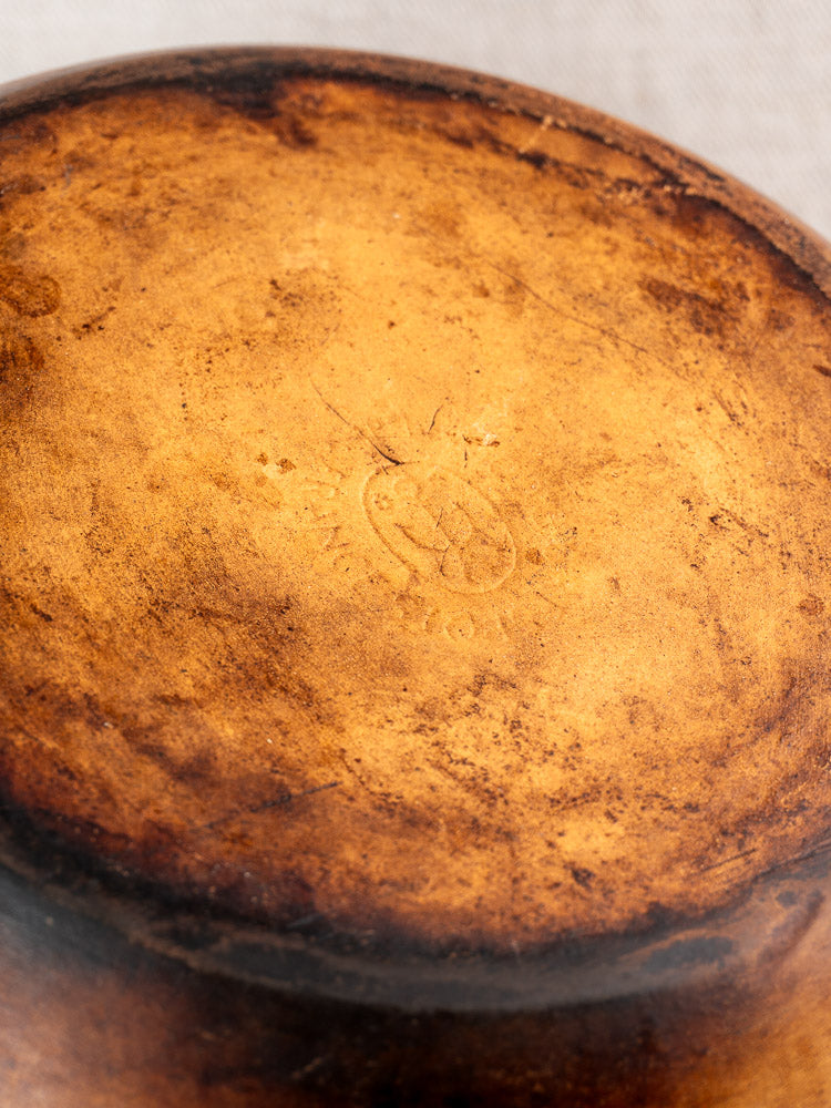 Antique French Vitry-le-François gratin dish base in glazed stoneware with maker’s mark and patina.