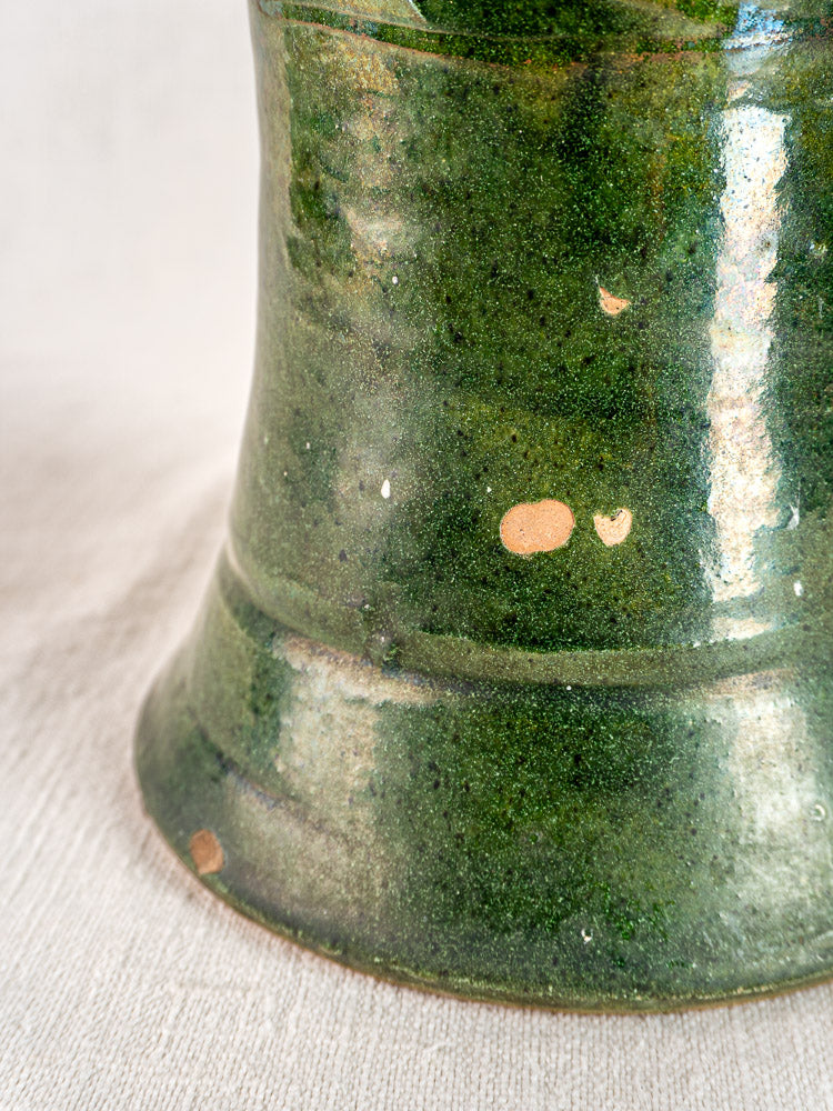 Antique French green glazed terracotta vase, hand-thrown, rustic shape, small chips, flared base.