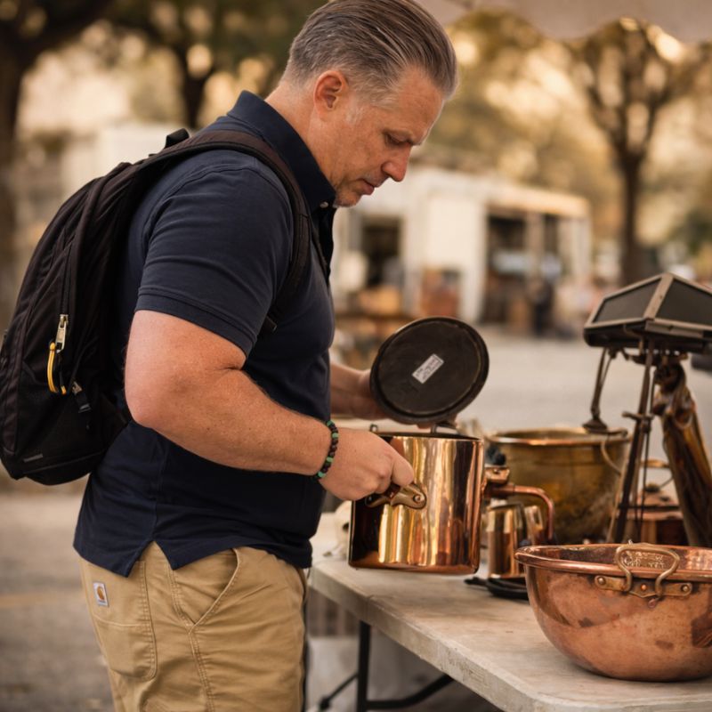 Inspecting copper cookware at a brocante
