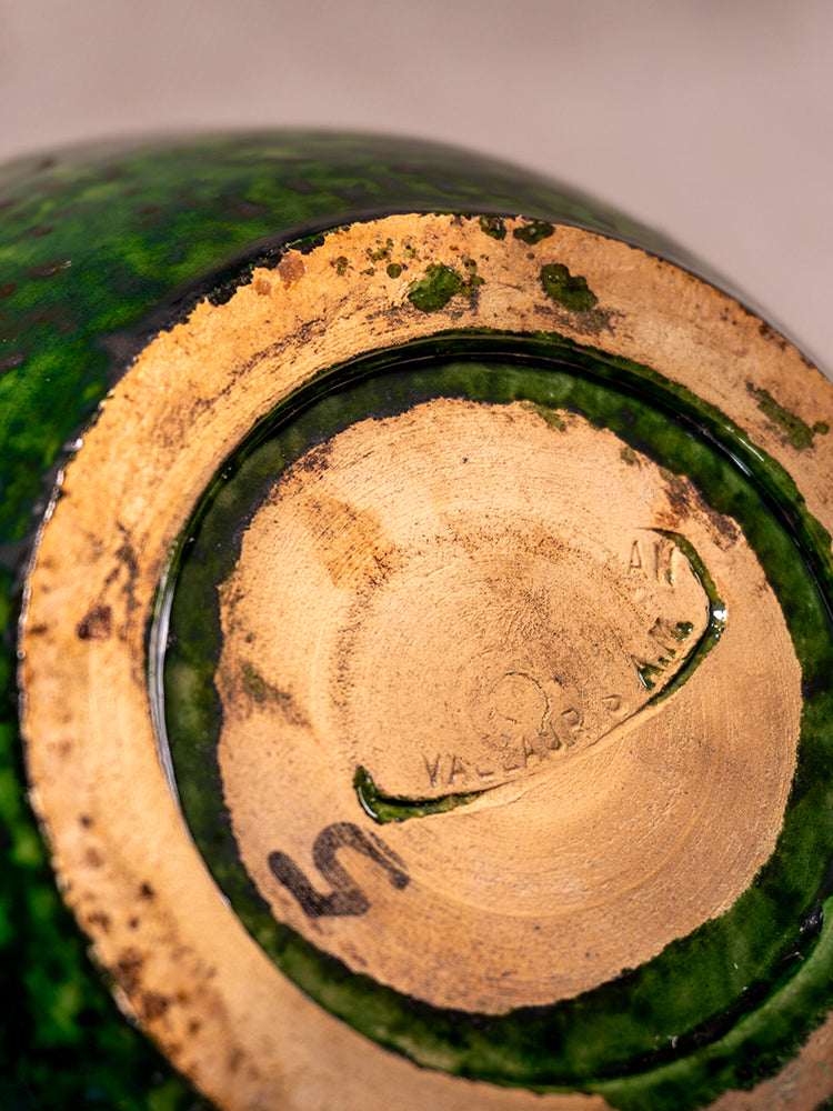 Antique French Vallauris Chaufferette base with green glaze, worn beige circle, and VALLAURIS stamp with faint number.