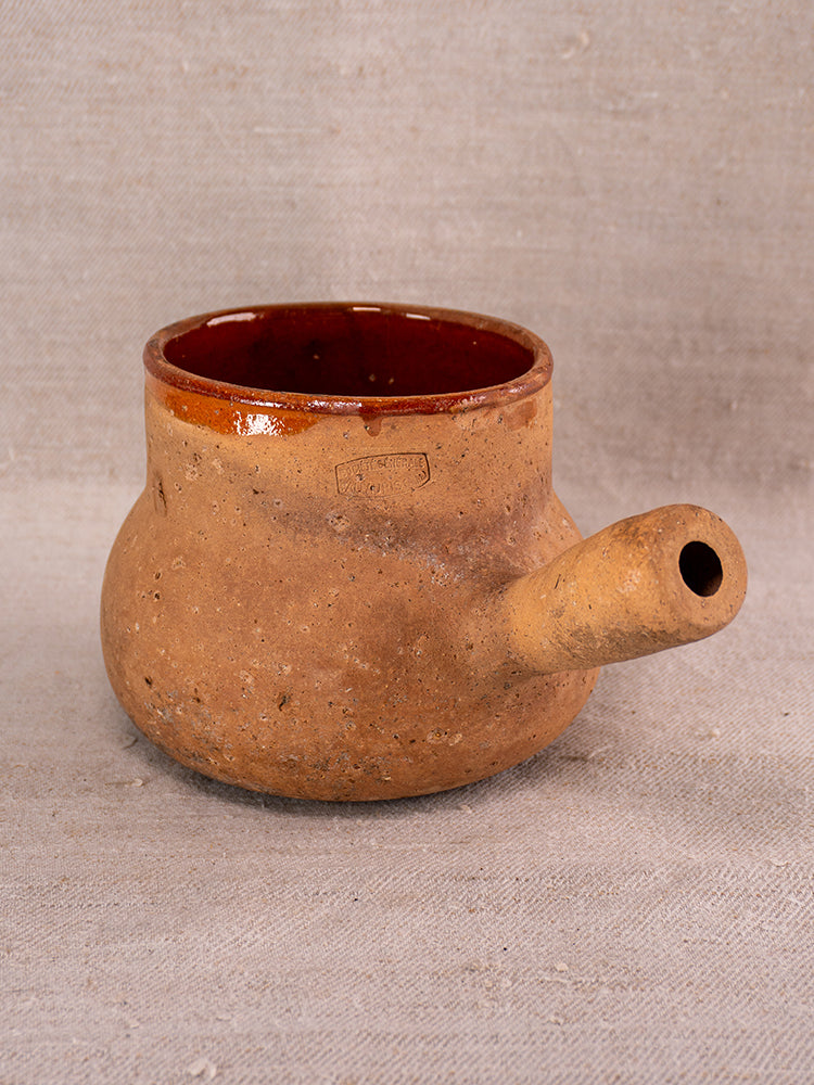 Vallauris glazed terracotta Pot à Lait, Societe Generale stamp, wide rounded body, glossy dark brown interior.