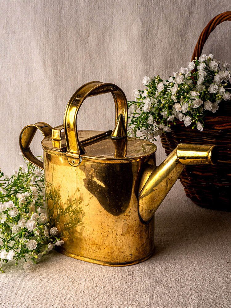Antique French brass watering can with hinged lid and long spout on neutral fabric background.