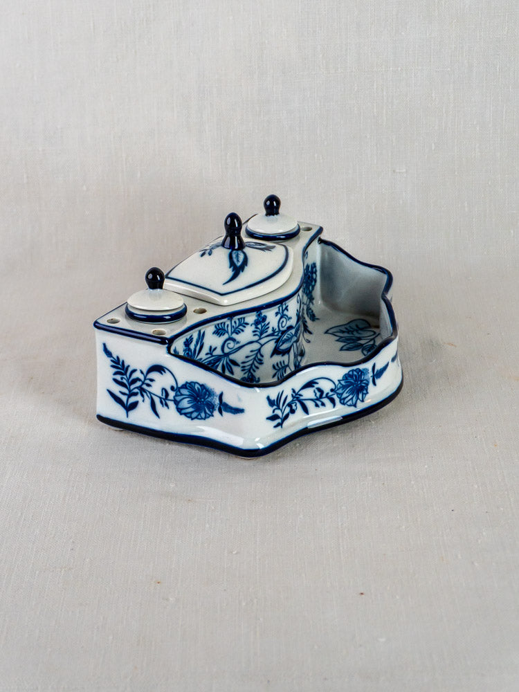 Vintage blue and white ironstone inkstand with Blue Onion floral motifs, twin lidded inkwells, pen rest.