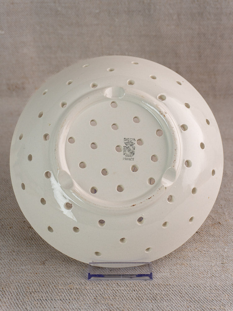 Antique French Digoin Sarreguemines berry strainer, white stoneware with drainage holes, “DIGOIN FRANCE” marked underneath.