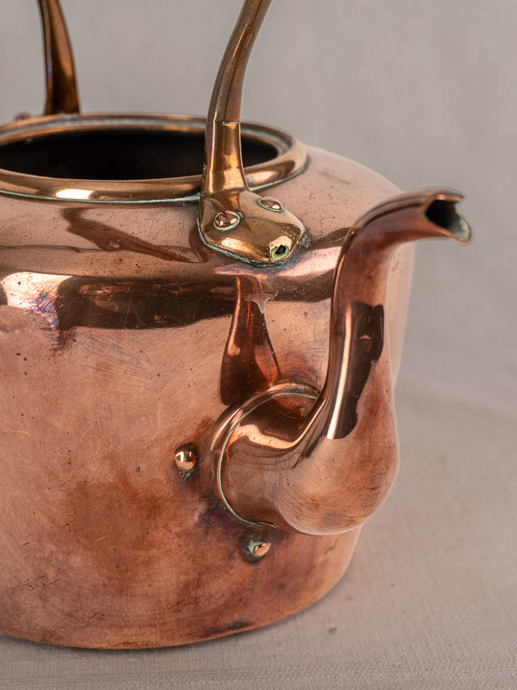 Antique French copper tea kettle with gooseneck spout and wood handle, lightly tarnished, on a neutral blurred background.